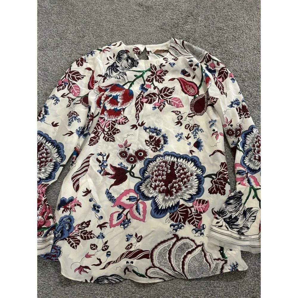 Tory Burch Silk Blouse Top‎ Size 2 Floral Multicolor *STAIN*